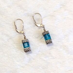 Elegant Vintage Teal Blue Crystal Sterling Silver Pierced Earrings
